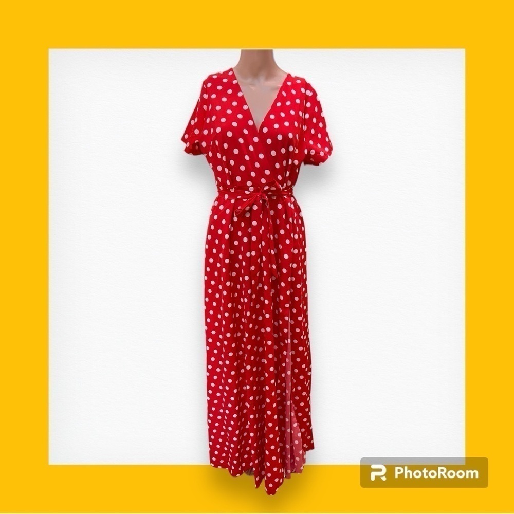 GYK Red White Polka Dot Faux Wrap Maxi Dress 2XL